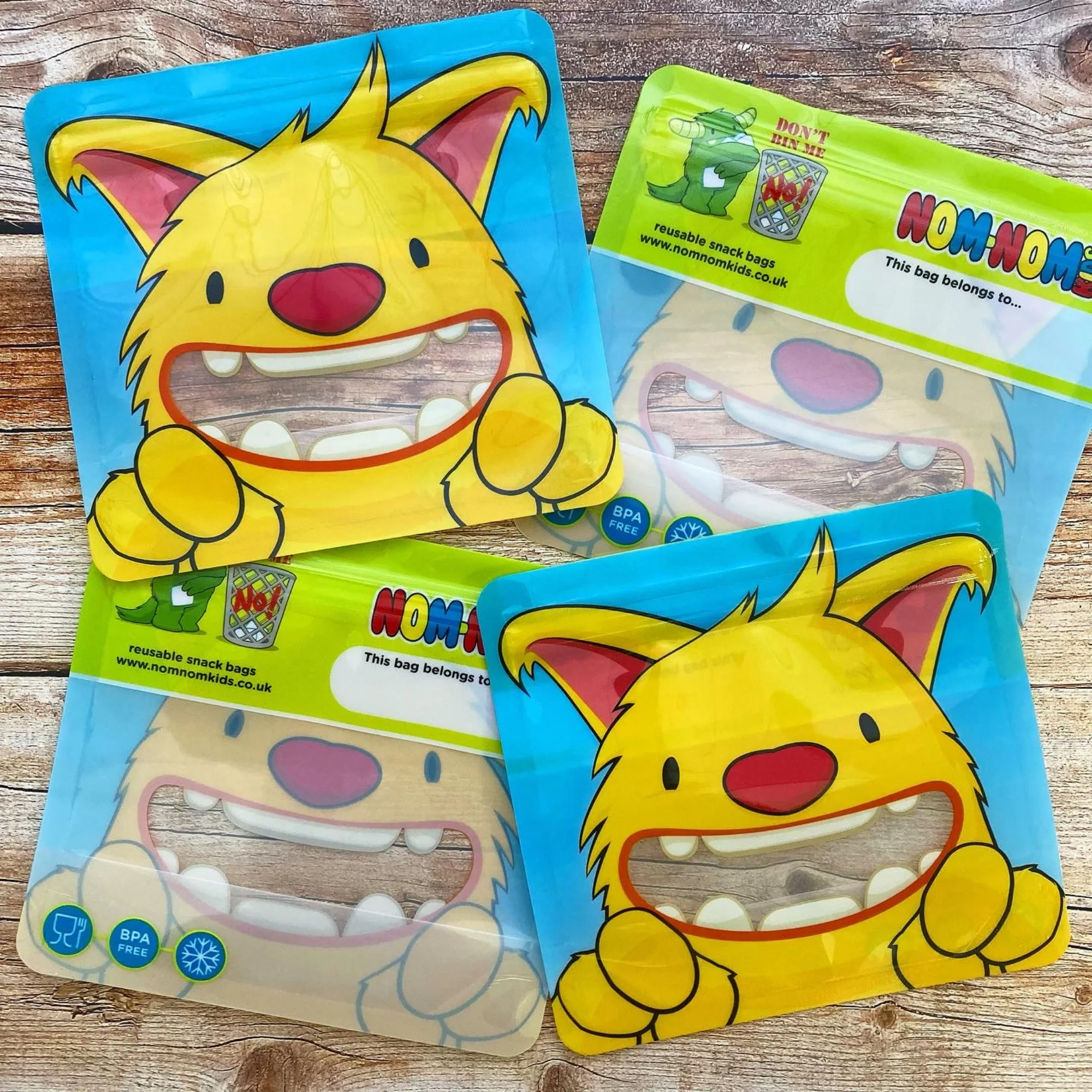 Nom Nom Kids Yellow Monster Reusable Snack Bags 4 Pack Stand Up Design - Image 4