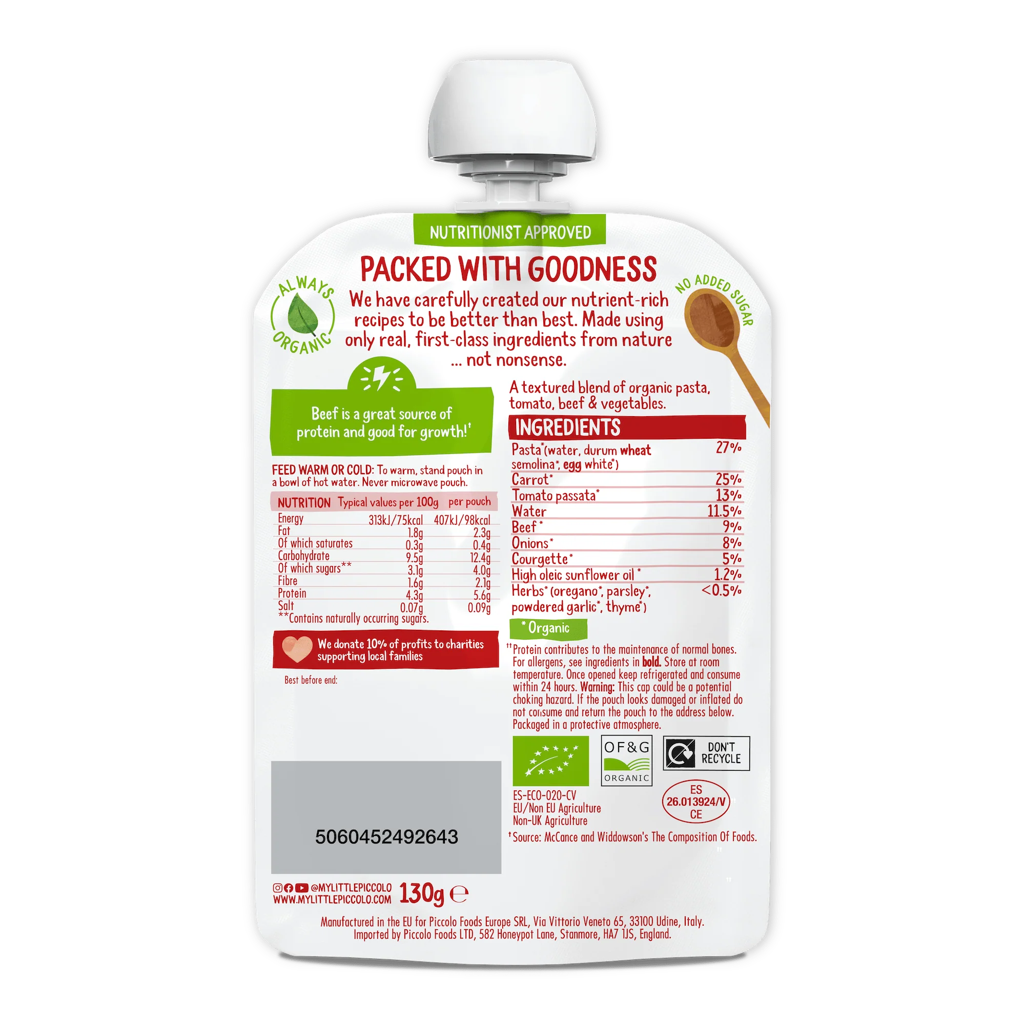Piccolo Organic Spaghetti Bolognese Baby Food 130g 7m+ - Image 2